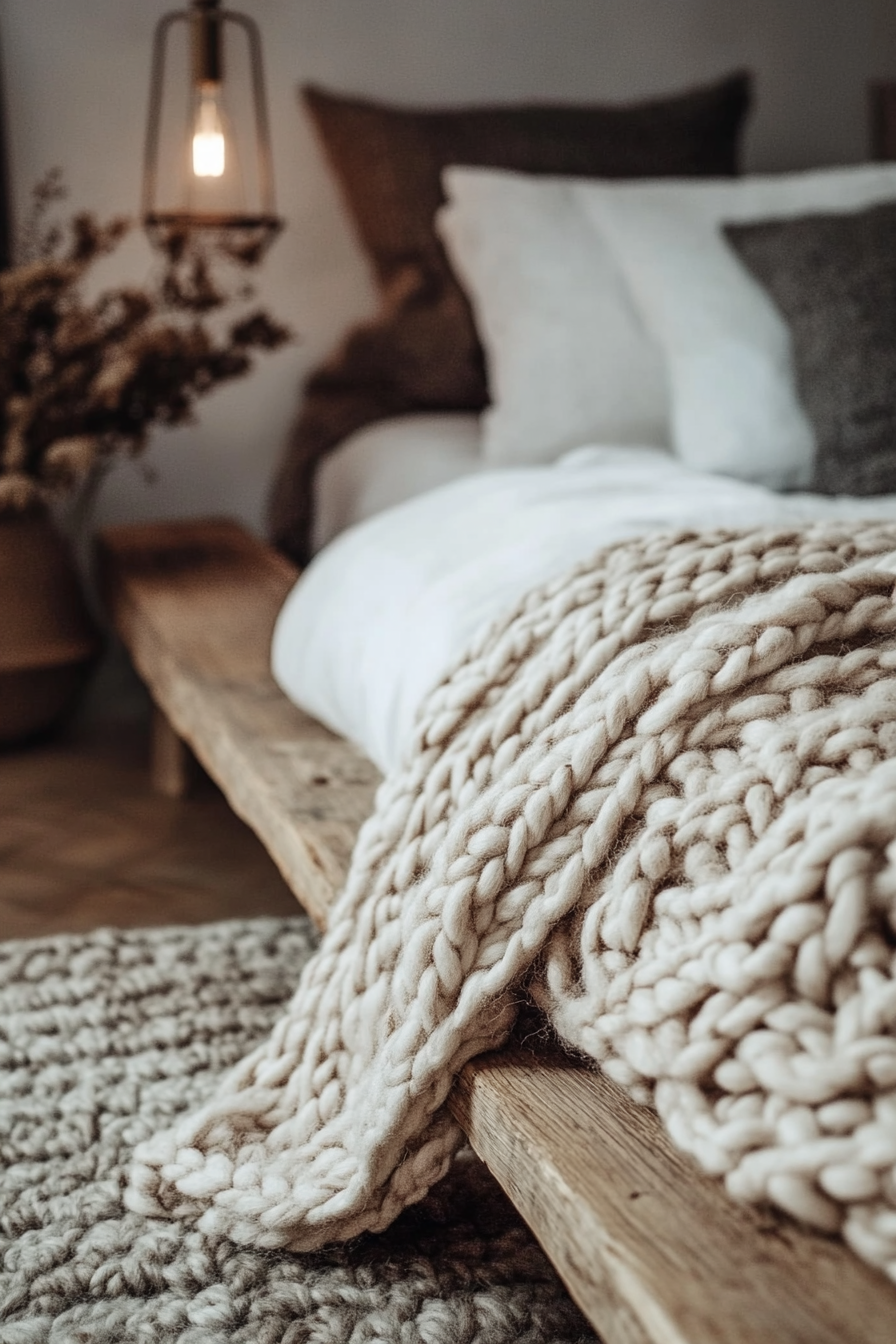 Fall bedroom. Cozy chunky-knit blanket on modern angular wooden bed.