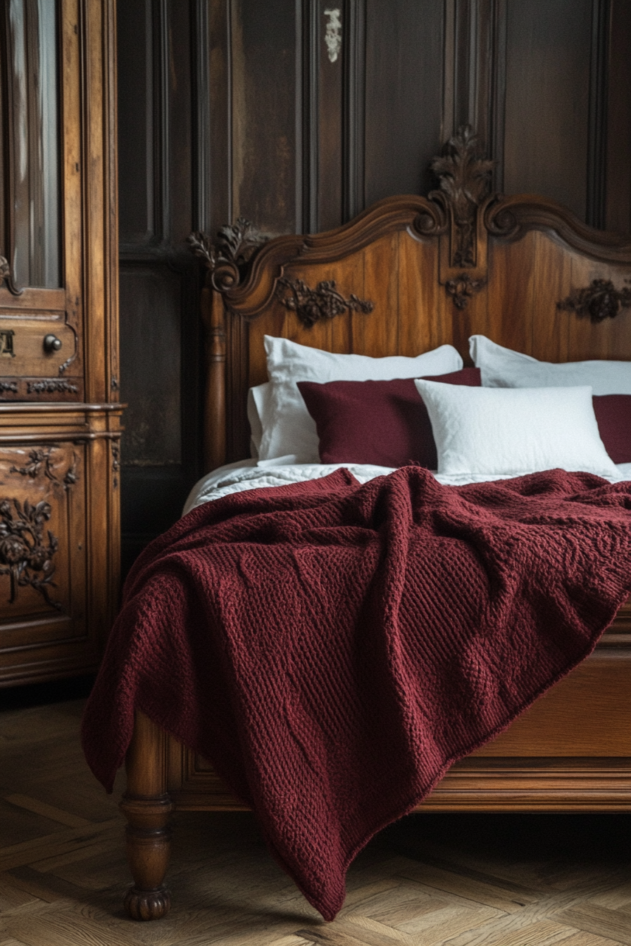 Art Deco-Rustic Fall Bedroom. Maroon wool blanket on a carved wood bed.