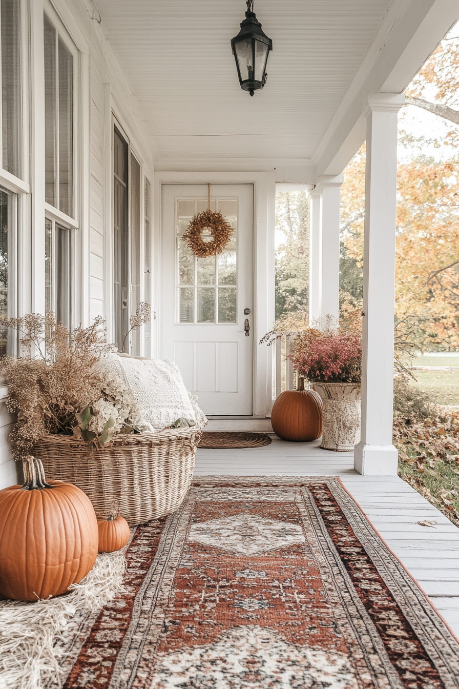 Fall porch. Muted orange pumpkins with rattan basket and tasseled Turkish rug.