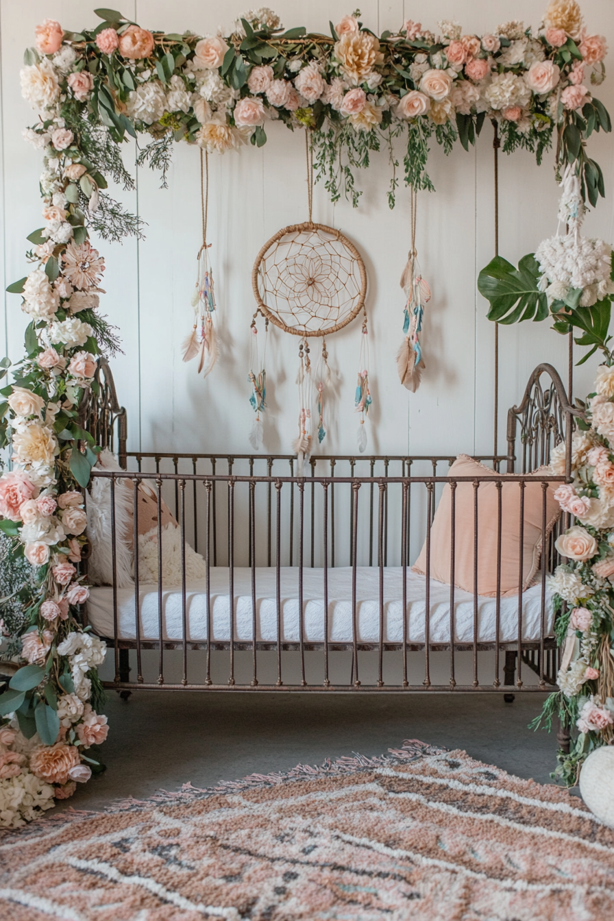 Bohemian nursery. Iron crib with floral garlands and pastel hued dream catcher.