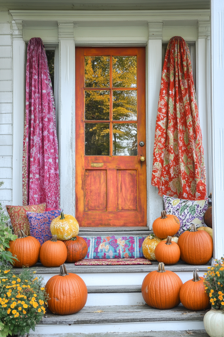 Fall porch. Pumpkins with brightly patterned and sober fabrics side by side.