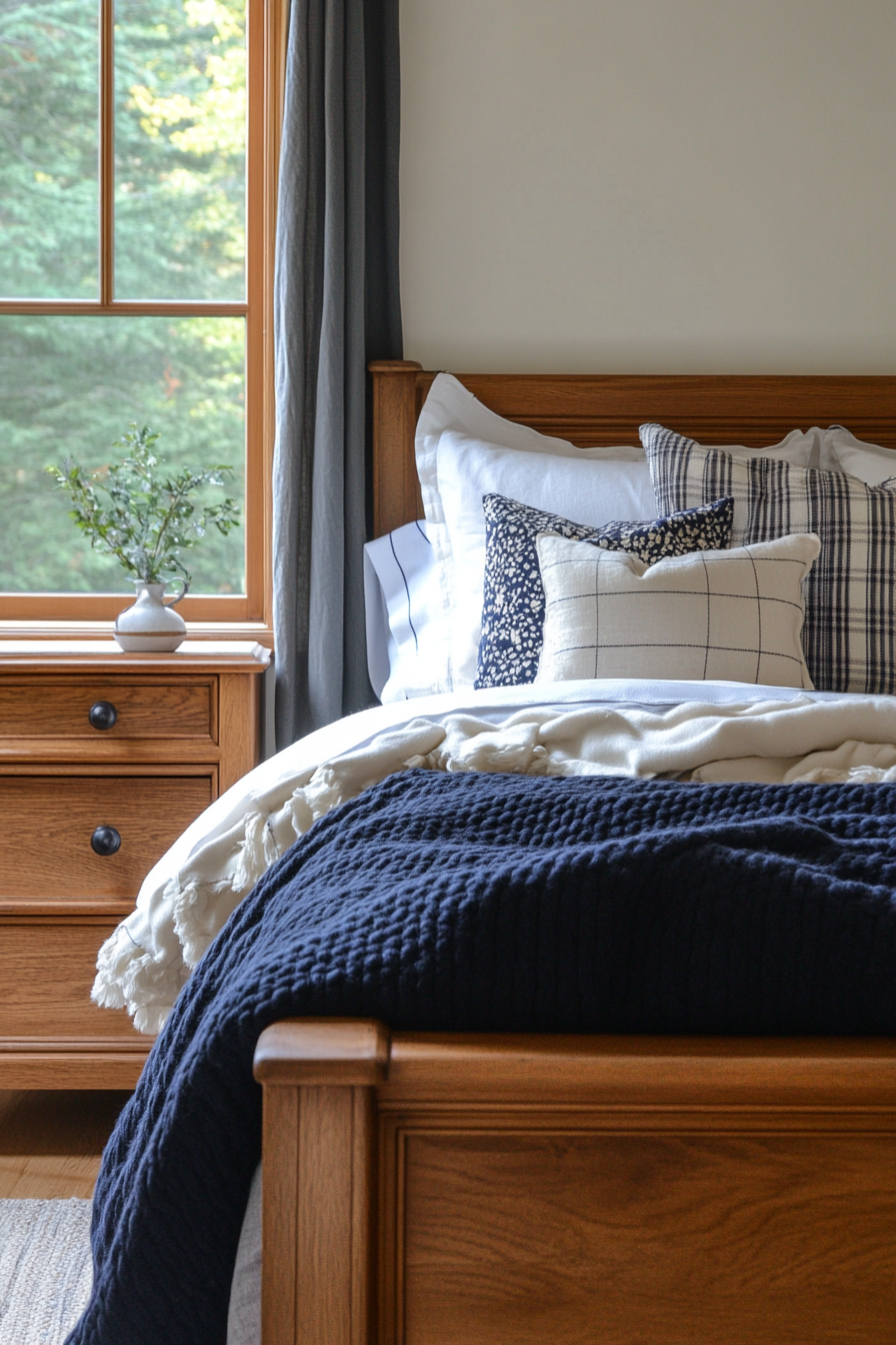 Fall bedroom. Plush navy throw on cedar oak bed.