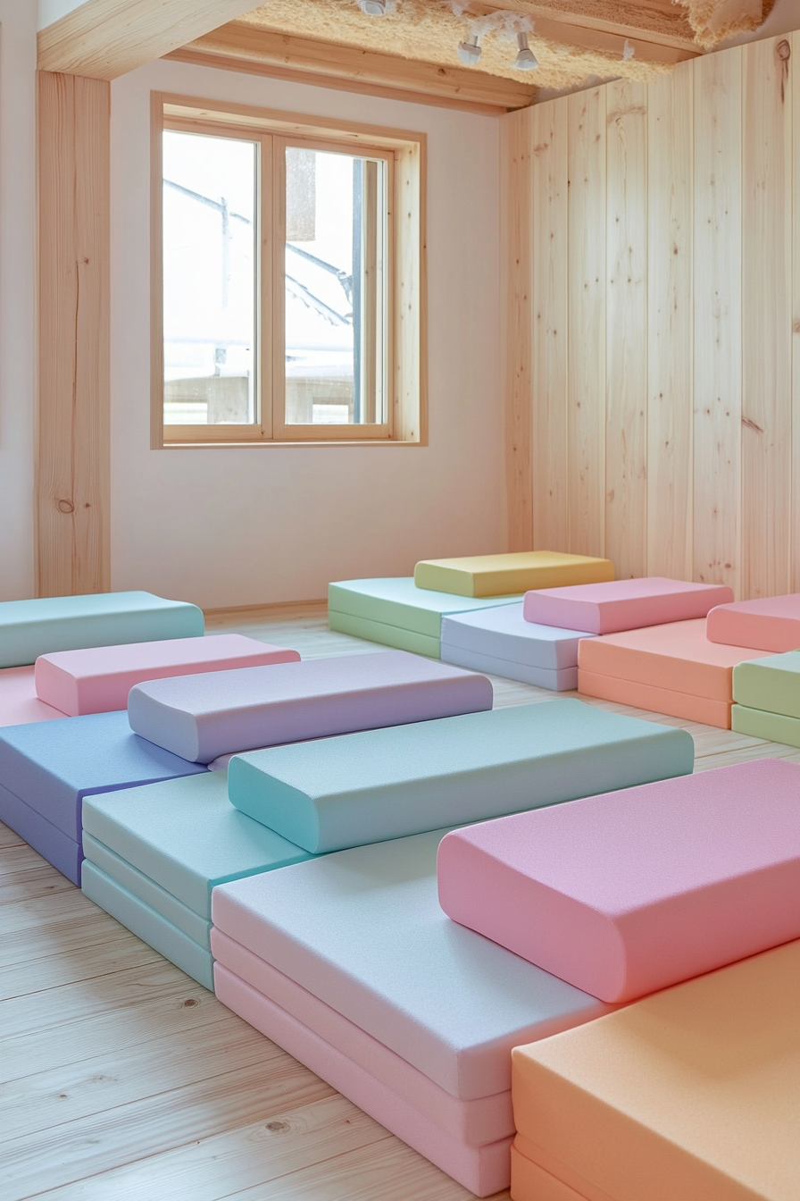 Kids' yoga area. Compact design with Montessori-inspired movable foam mats in pastel colors.