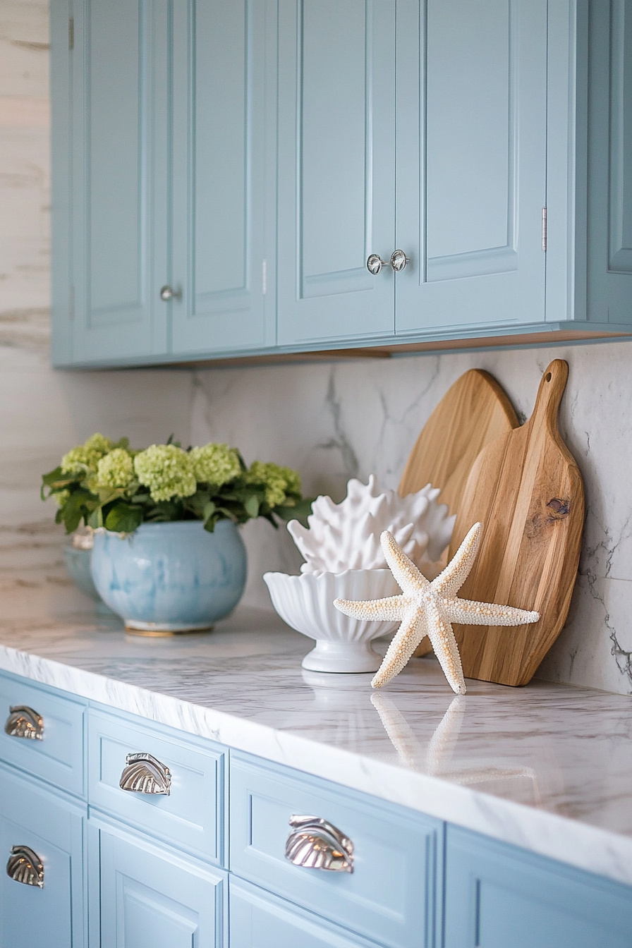 Coastal-themed kitchen. Vintage blue cabinets with white marble countertops and starfish ornaments.