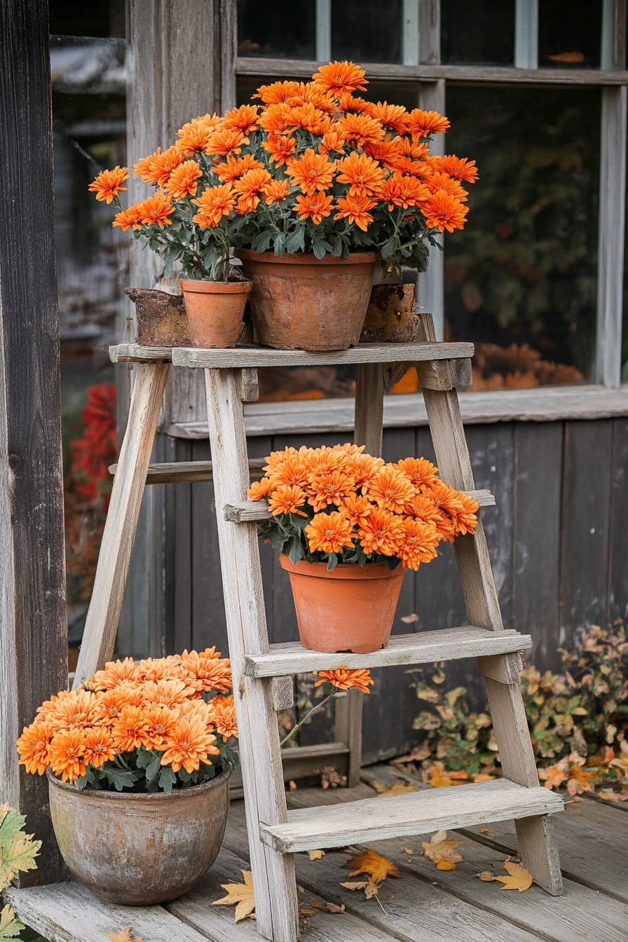 Fall porch. Potted orange chrysanthemums on rustic wooden ladder.