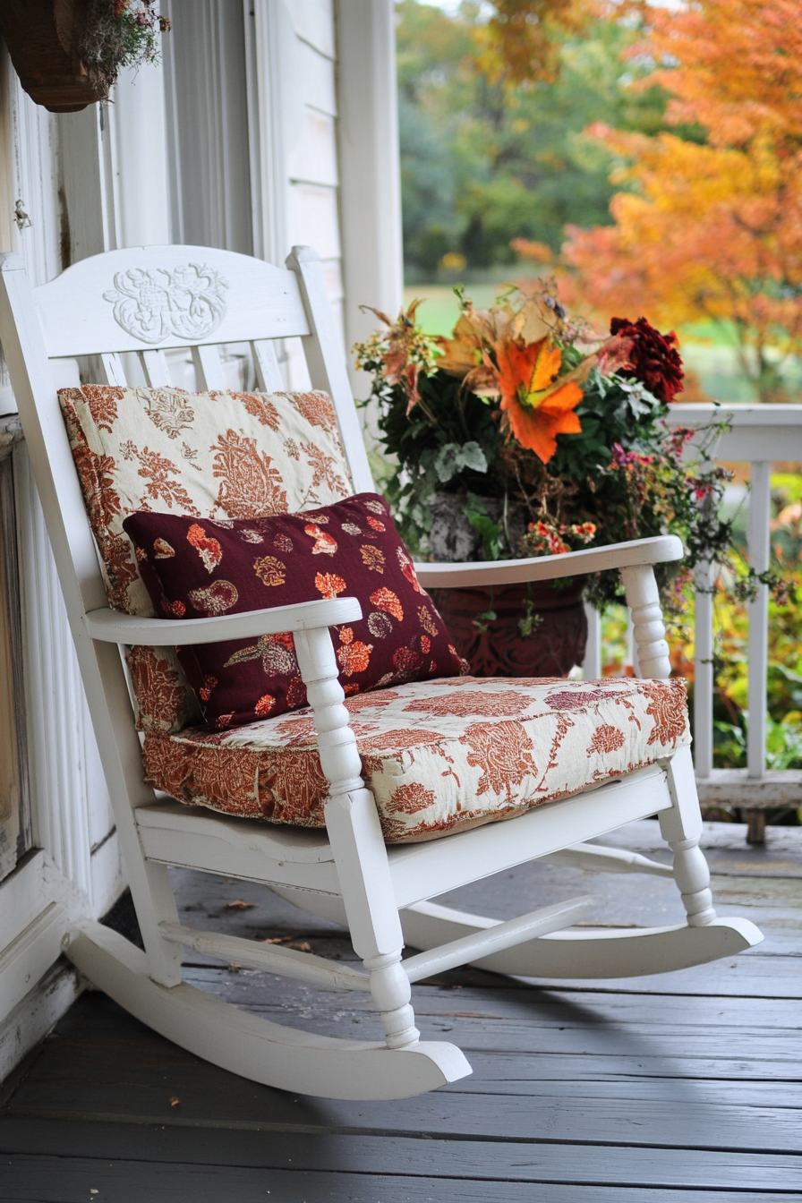 Fall porch. Antique white rocking chair with burgundy and orange patterned cushions.