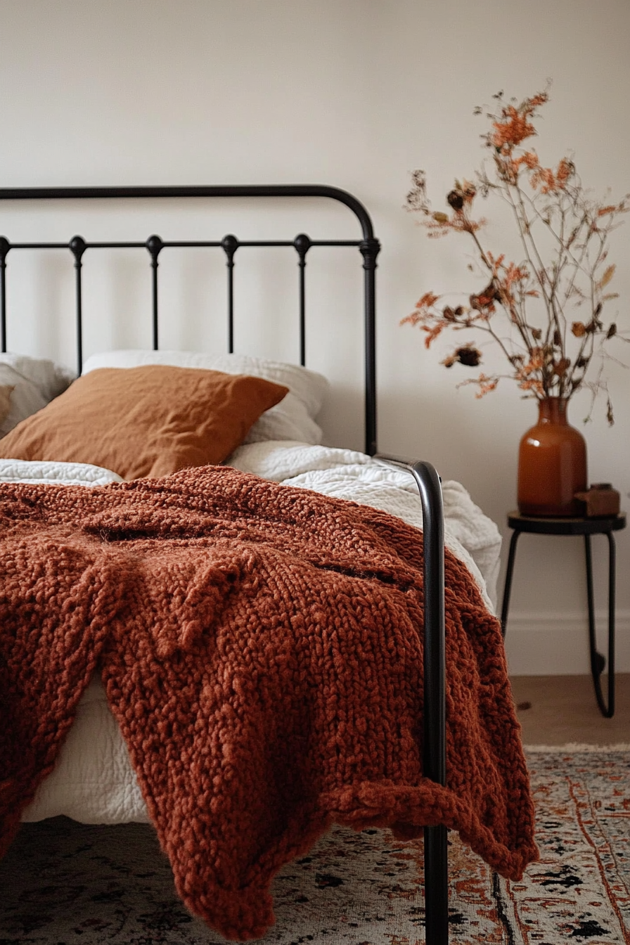 Fall bedroom. Rust-colored knitted blanket on a minimal black-metal bed frame.