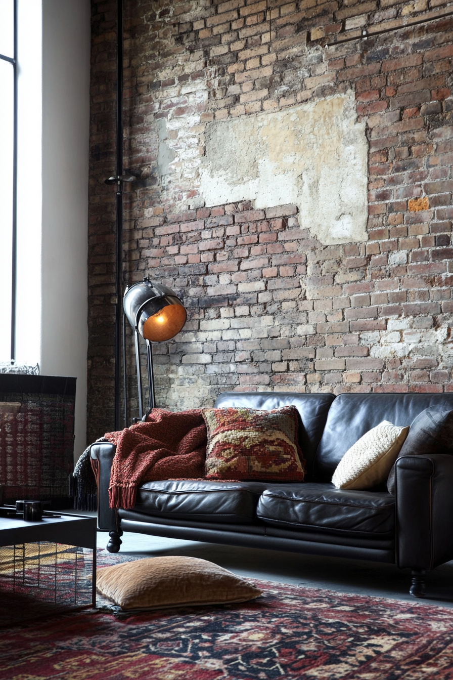 Fall Living Room. Exposed brick walls with pastel rust-colored soft throw on a black leather sofa.