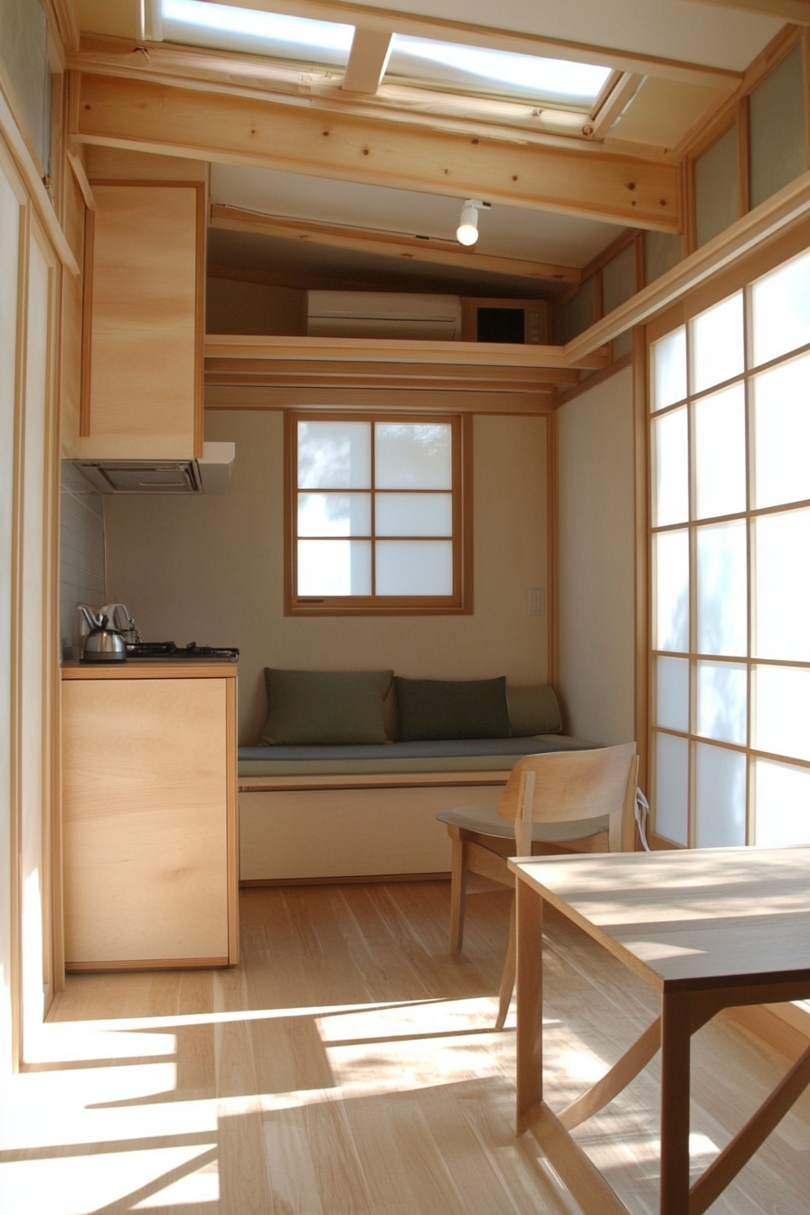 Tiny home interior. Minimalist furniture with soft hues and maple shoji doors.