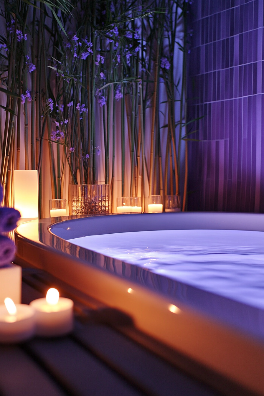 Small luxurious bathroom. Bamboo accents, freestanding bathtub, and lavender-scented candles.