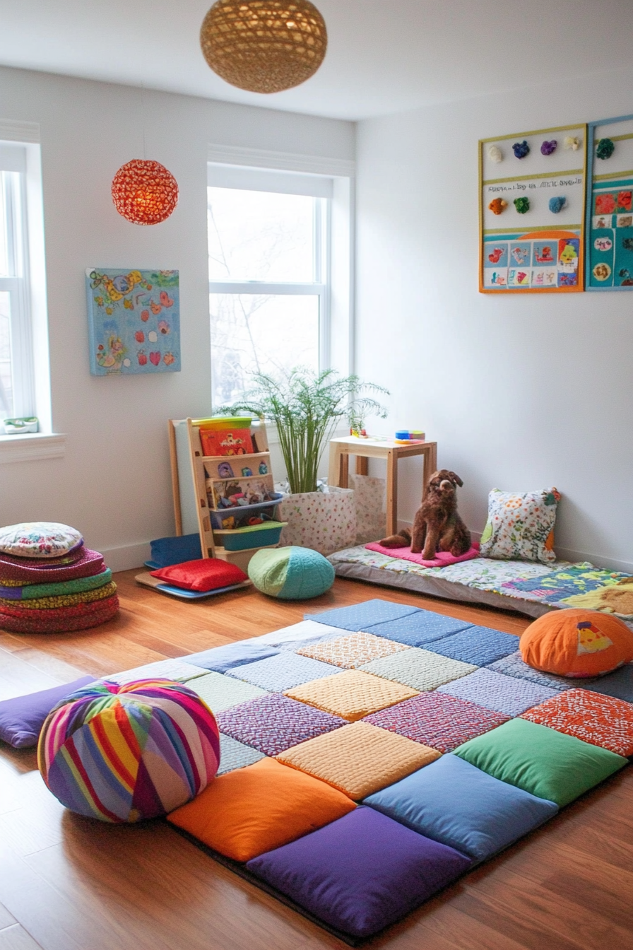 Kids' yoga area. Compact floor cushions with Montessori-inspired multi-textured activity mat.