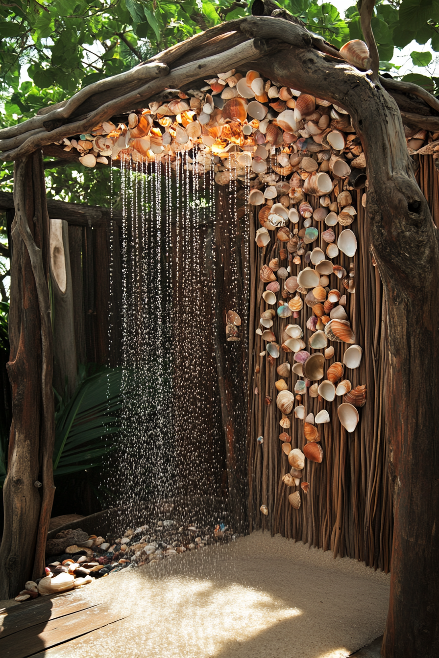 Outdoor shower setup. Driftwood structure with seashell curtain.