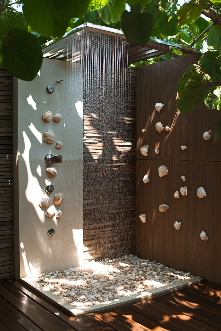 Outdoor shower setup. Teak floor with stainless steel rainfall shower, decorated with seashells.