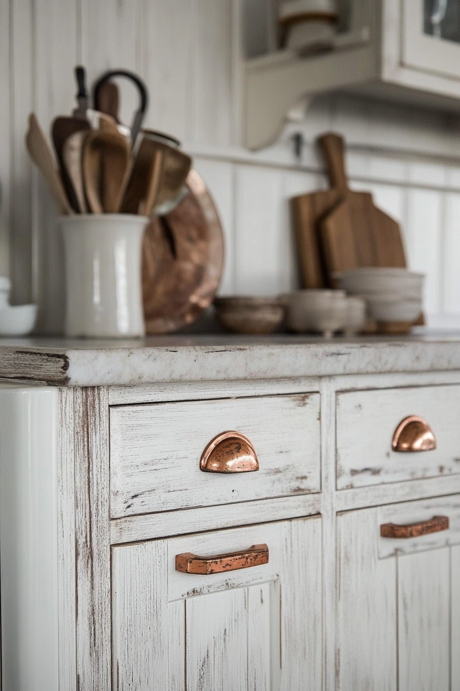 Farmhouse kitchen. White cabinets with aged copper handles.