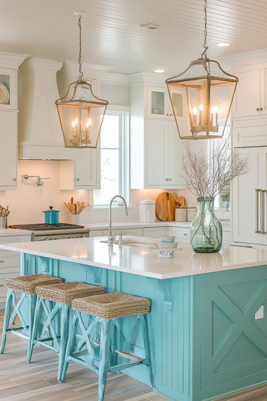 Coastal-themed kitchen. White cabinets with nautical hardware and antique teal island.