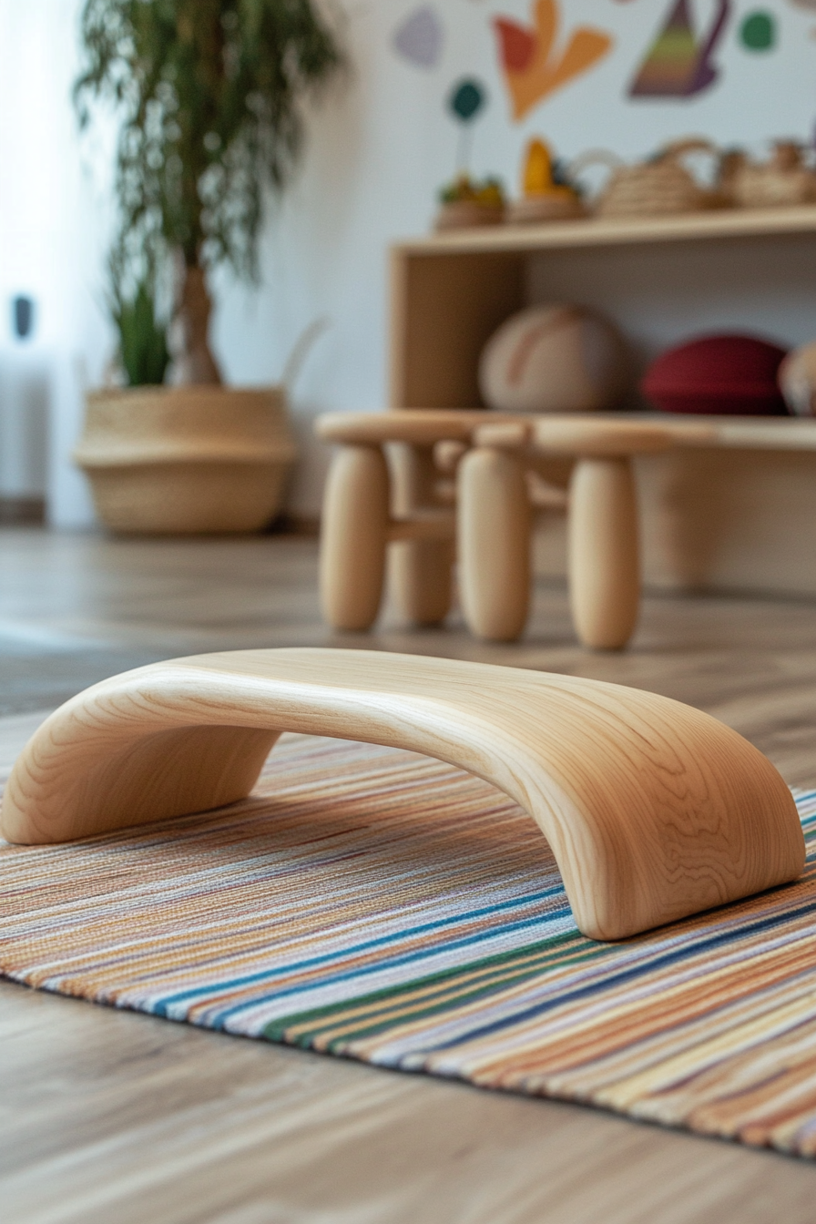 Compact kids' yoga area. Wooden floor mat with low, round-edged wooden balance board.