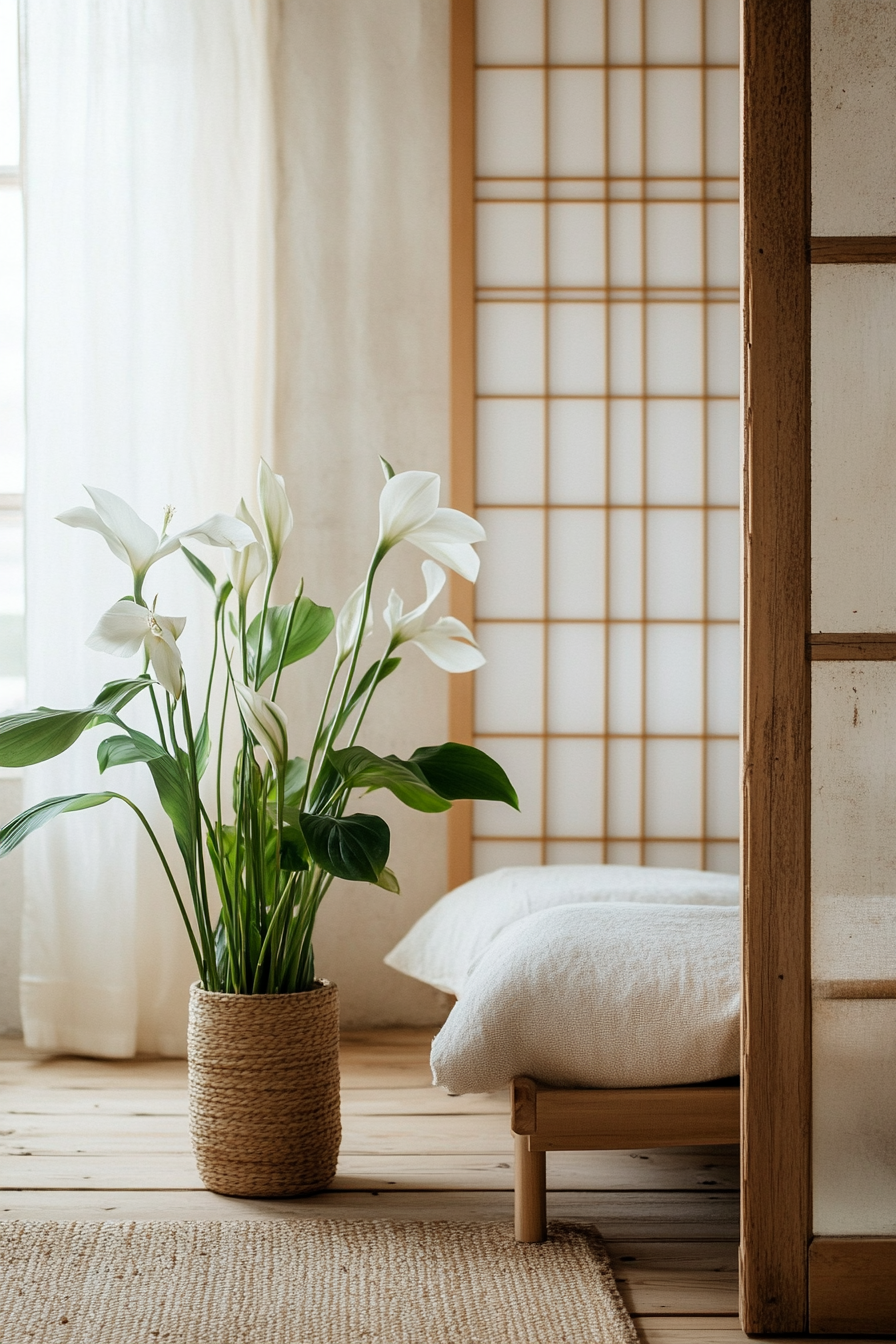 Tiny home interior. Minimalist peace lilies beside Japanese shoji screen and Scandinavian whitewashed walls.