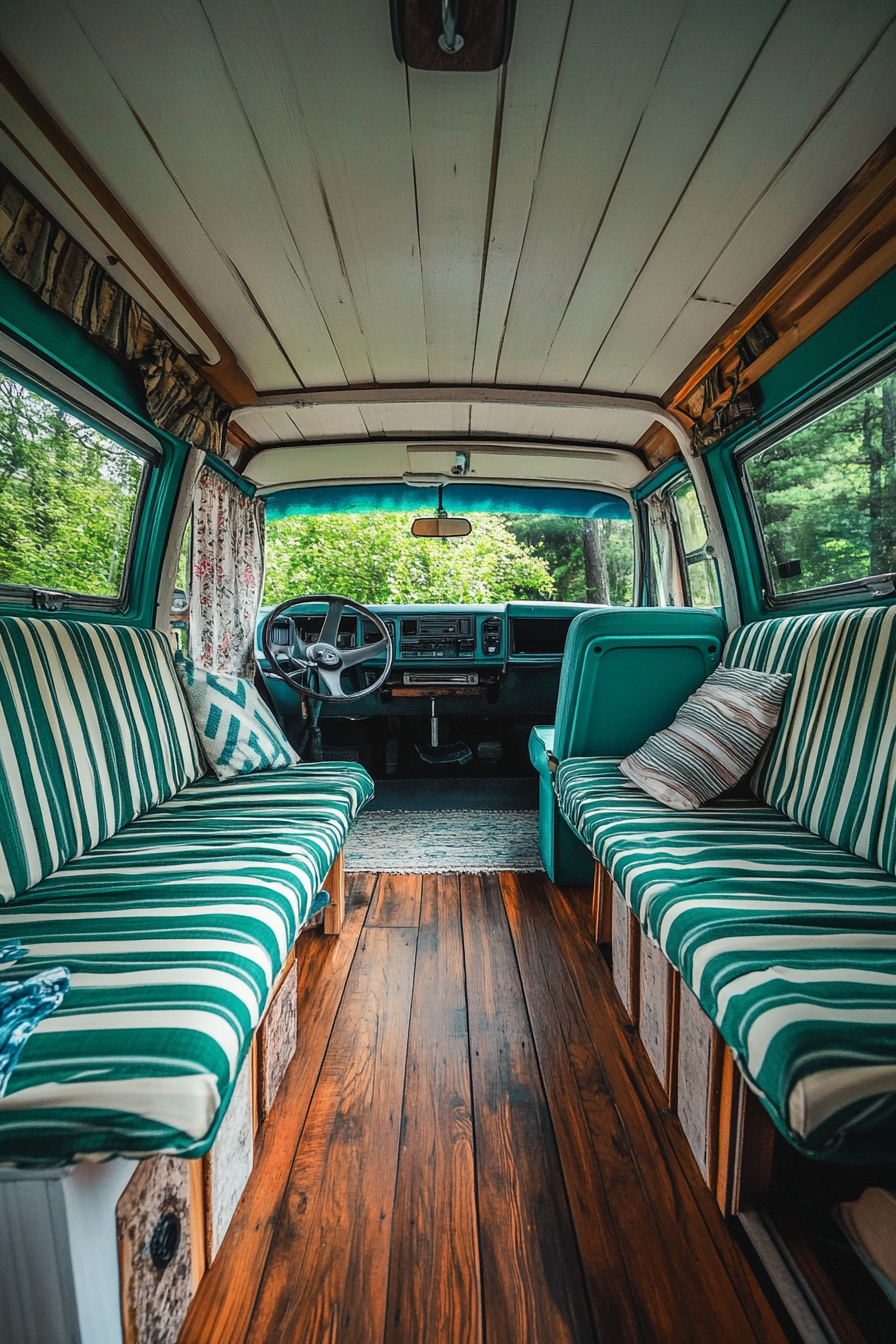 Camper Van Interior. Teal and white striped upholstery with hardwood flooring.