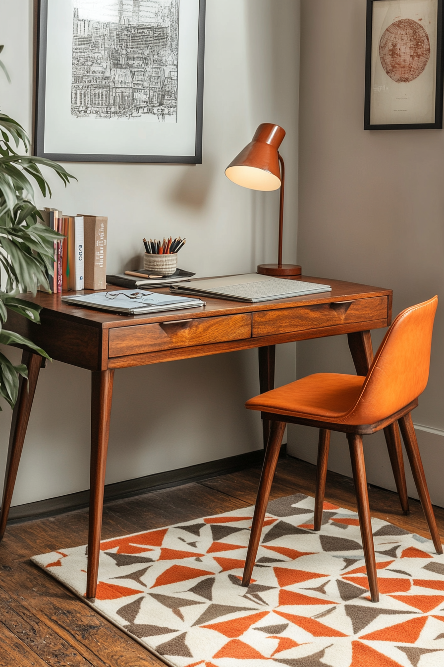 Remote Work Office. Wood desk with Art Deco style lamp and geometric rug.