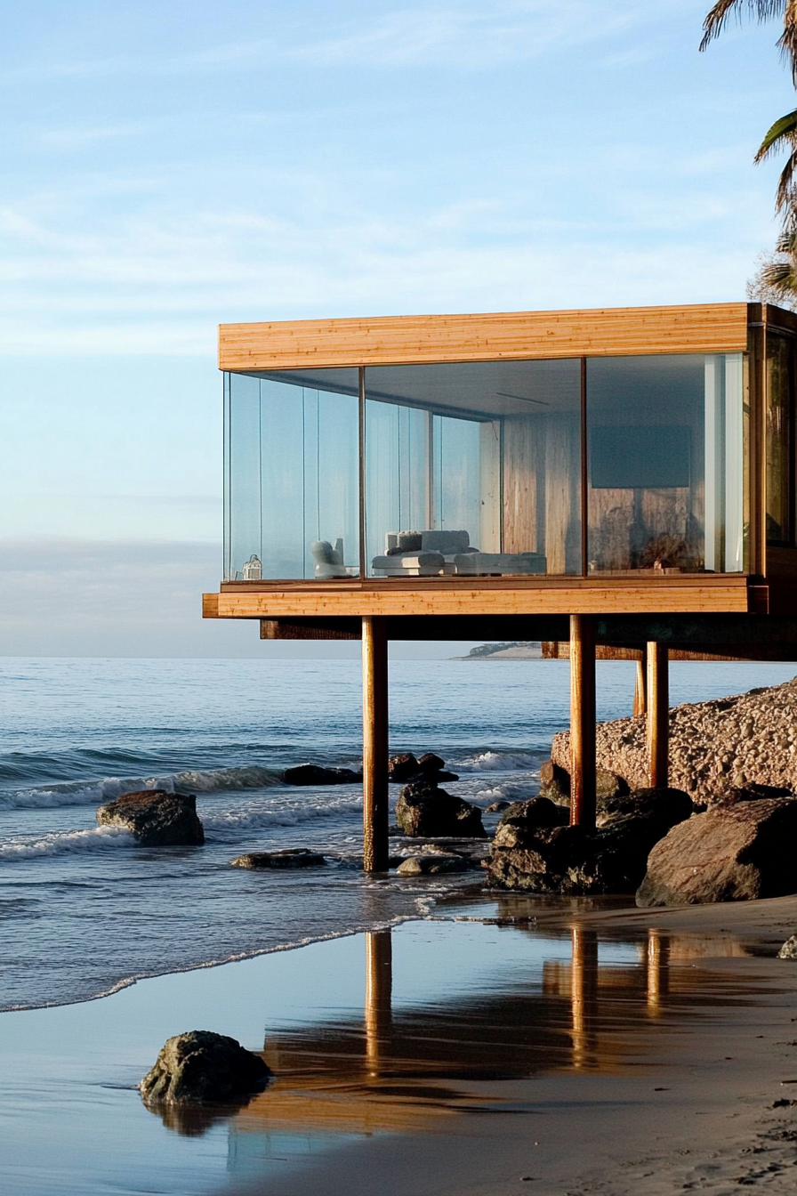 Compact beach house. Stilt structure with expansive glass windows overlooking the tide.