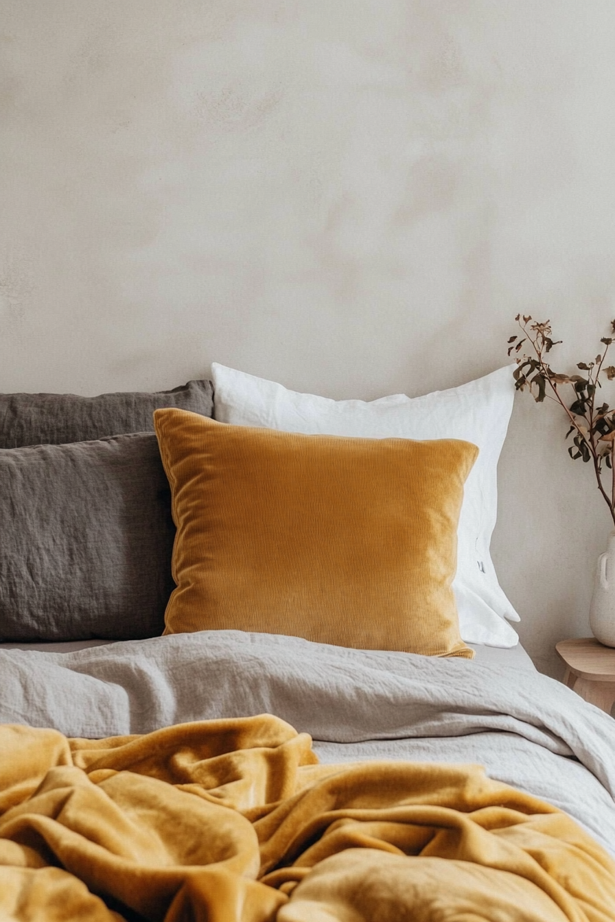 Fall bedroom. Velvet throw in warm mustard color on grey linen bed.