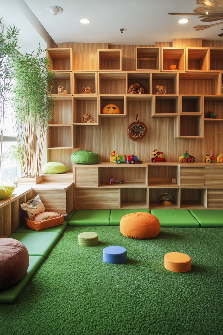 Compact kids' yoga area. Grass-green mats, wooden cubbies, sensory toys.