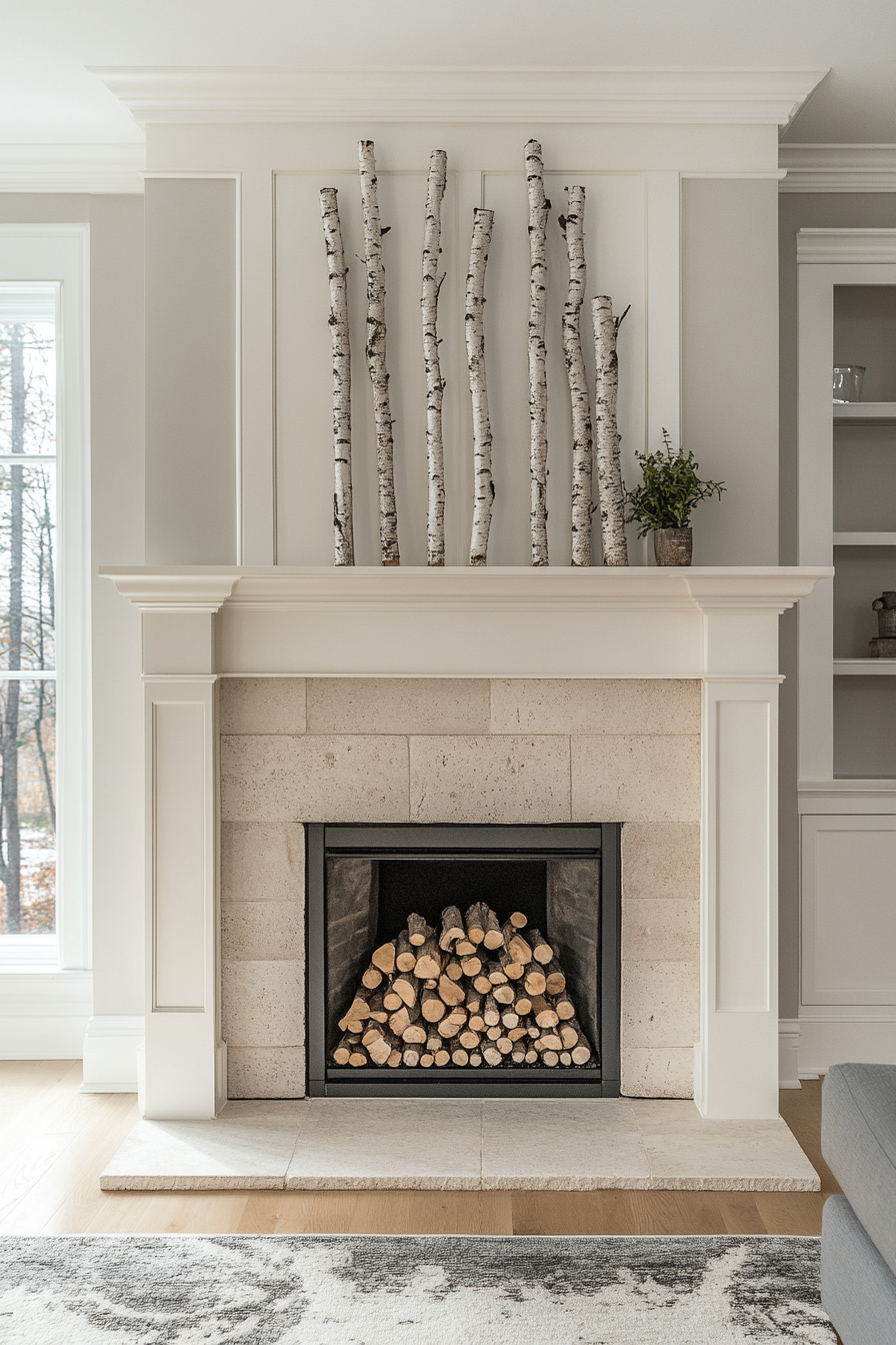 Fall living room. Cream-colored fireplace with birchwood logs.