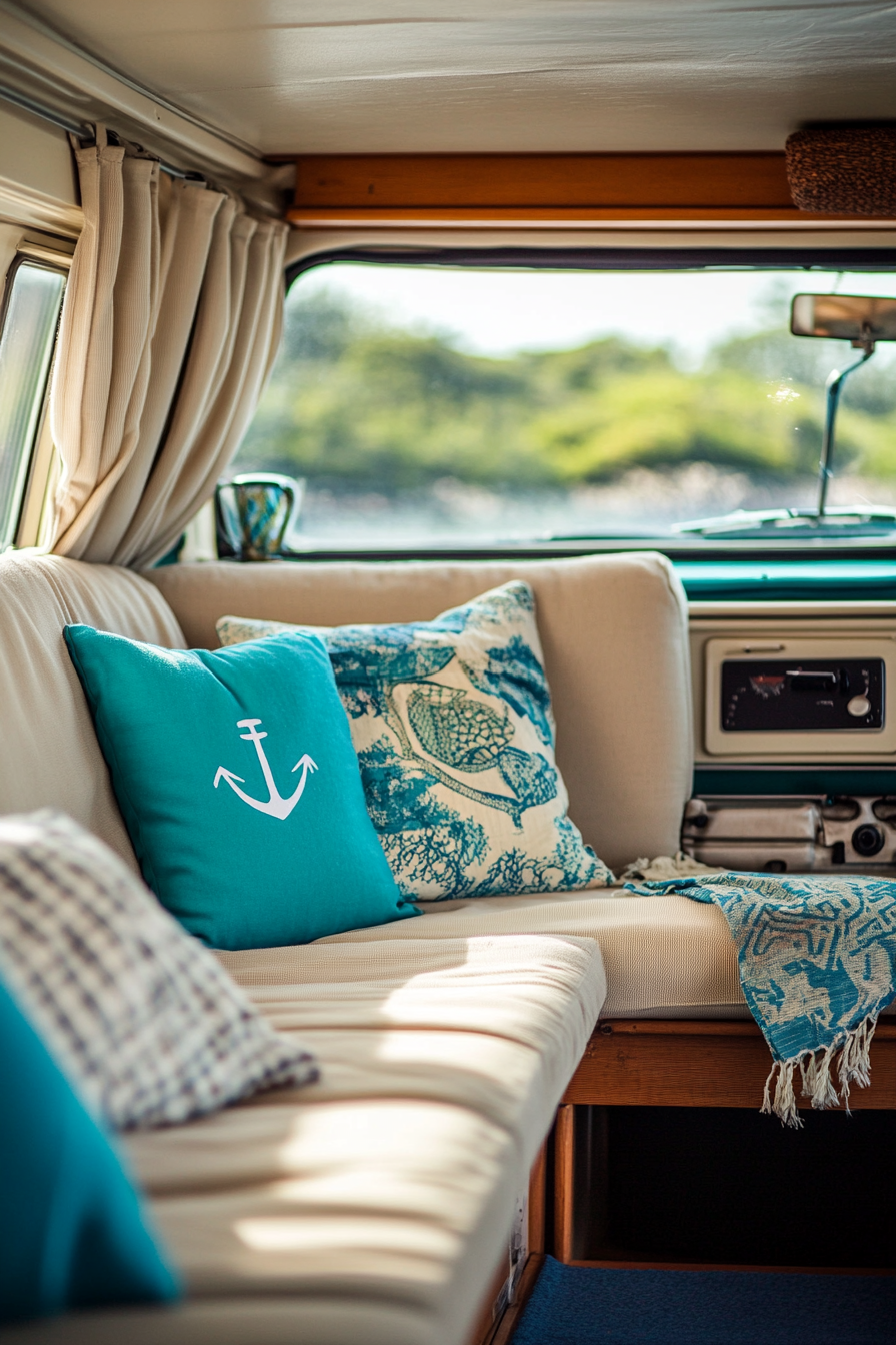 Coastal camper van interior. Sandy beige seats with cyan nautical accent pillows.