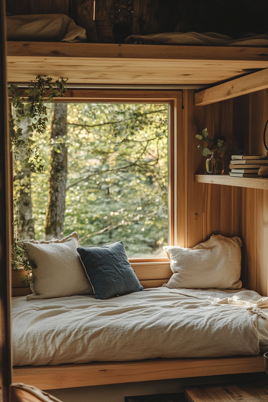 Tiny home interior. Japanese futon in a hygge-kissed sleeping loft with natural Scandi wood.