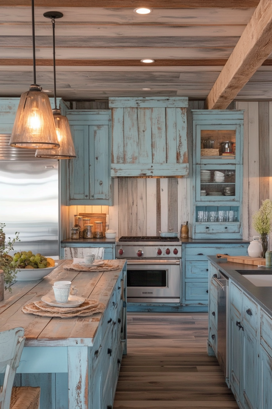 Coastal-themed, vintage kitchen. Pale blue cabinetry with distressed wood finishes.