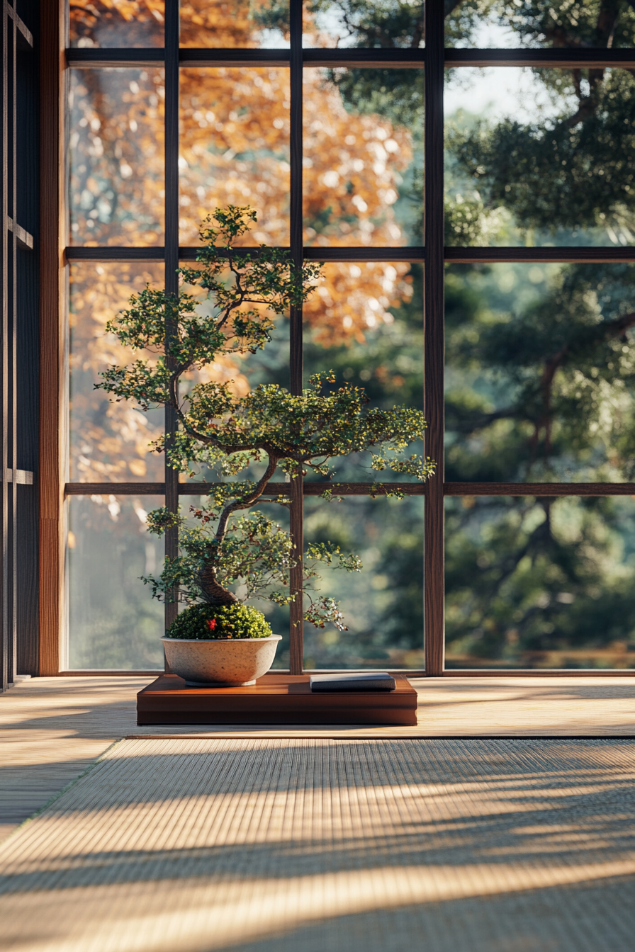 Home yoga studio. Neutral toned tatami mat with bonsai decoration.