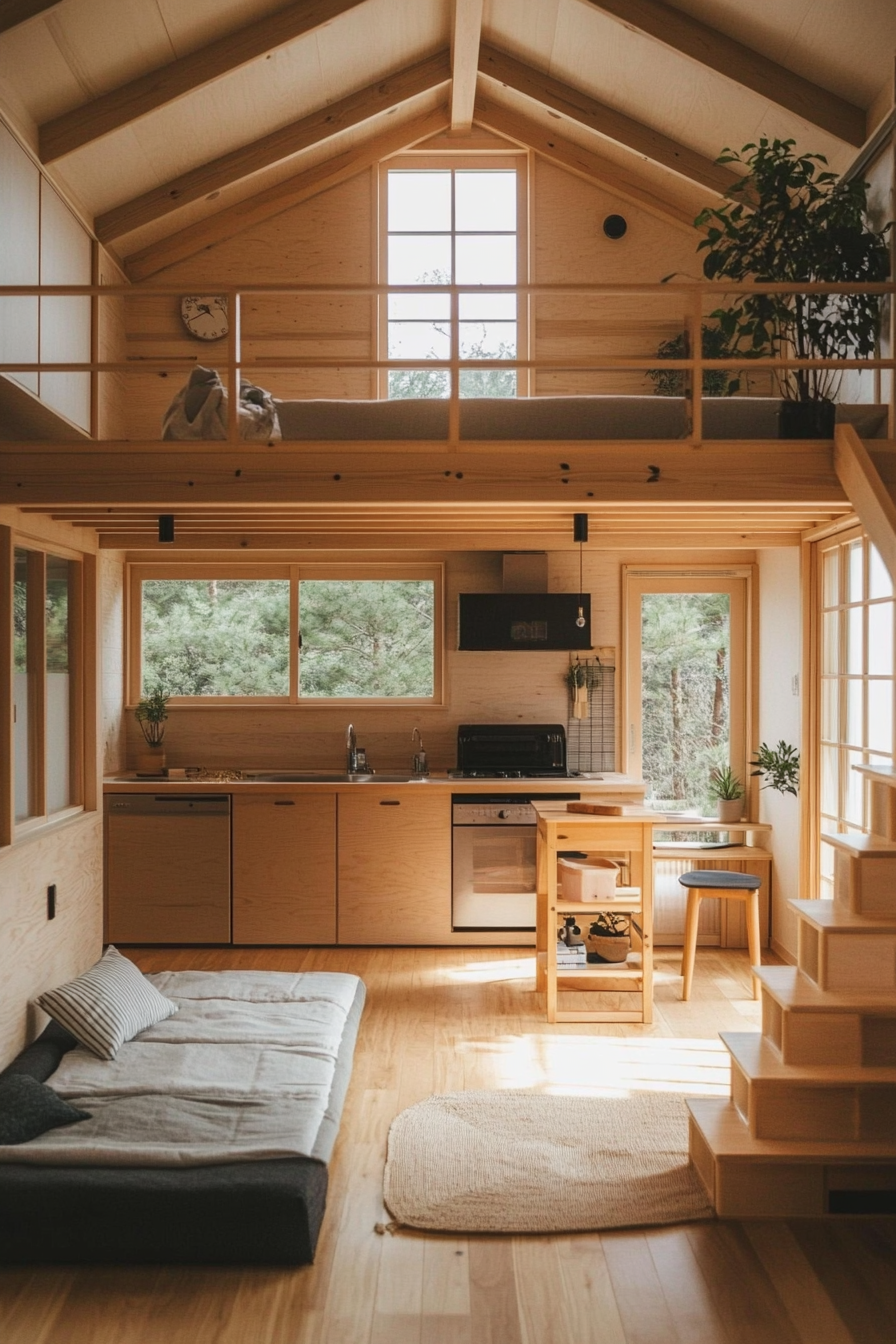 Tiny home interior. Japanese minimalism with Scandinavian light wood furniture.