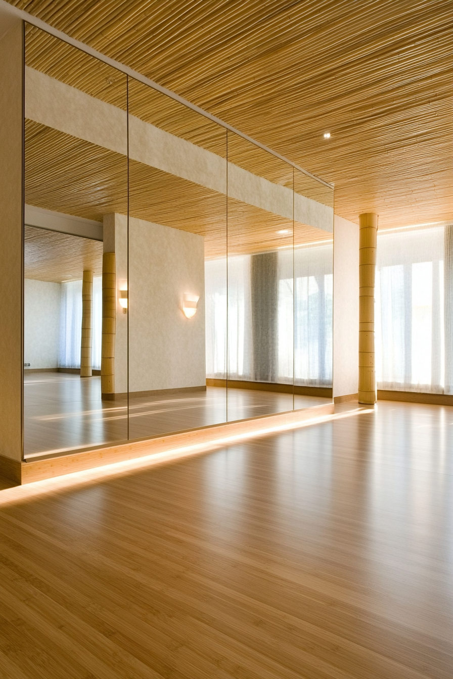 Upscale yoga studio interior. Scandinavian design with mirrored walls and bamboo floor.