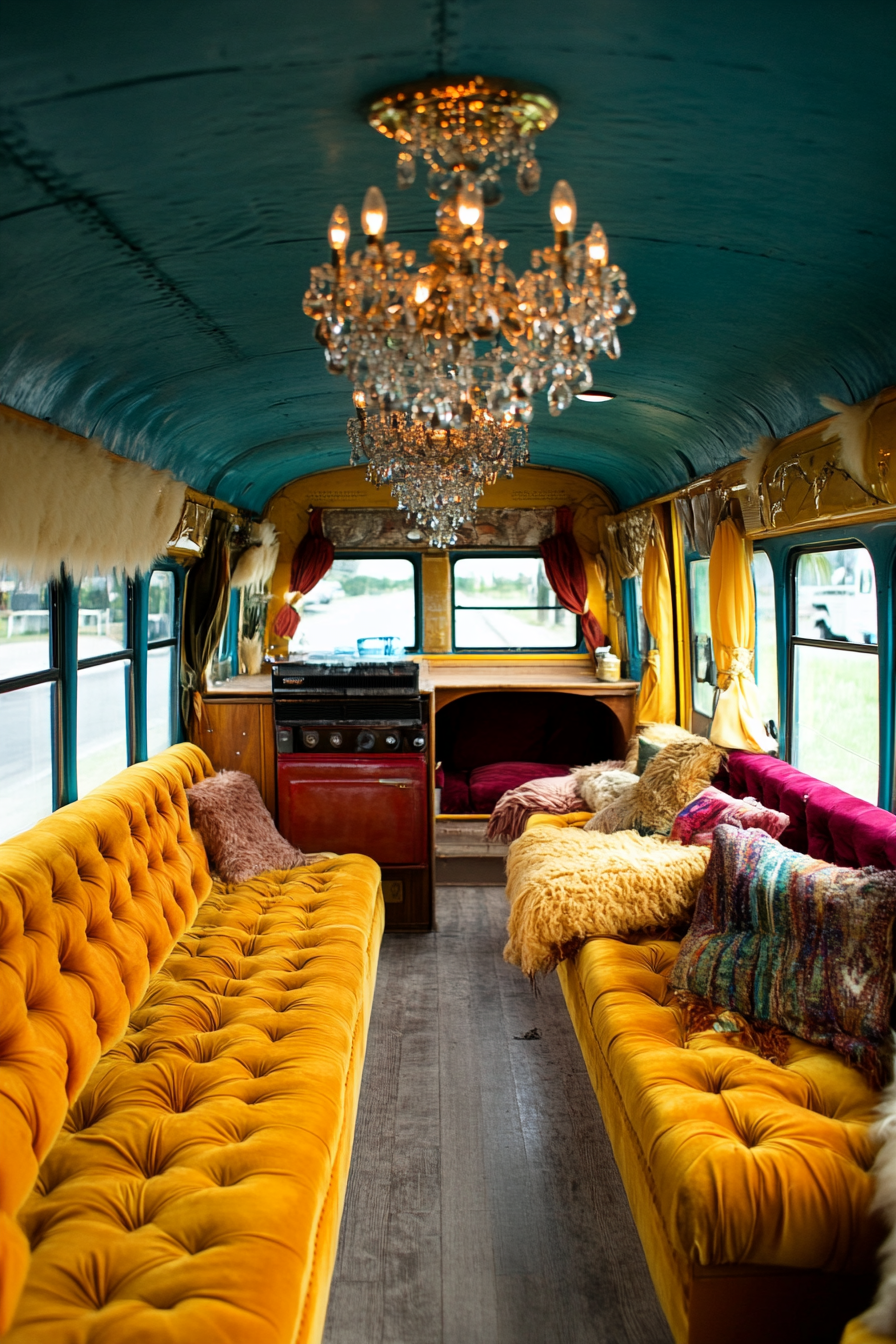 Converted school bus. Velvet upholstery and vintage chandeliers.