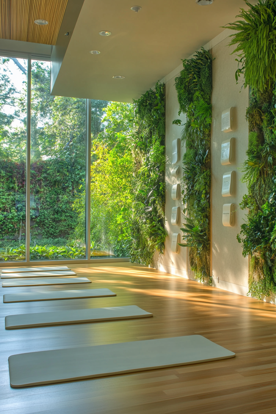 Yoga studio. Glass walls, bamboo floor, ivory yoga mats, lush vertical plant wall.