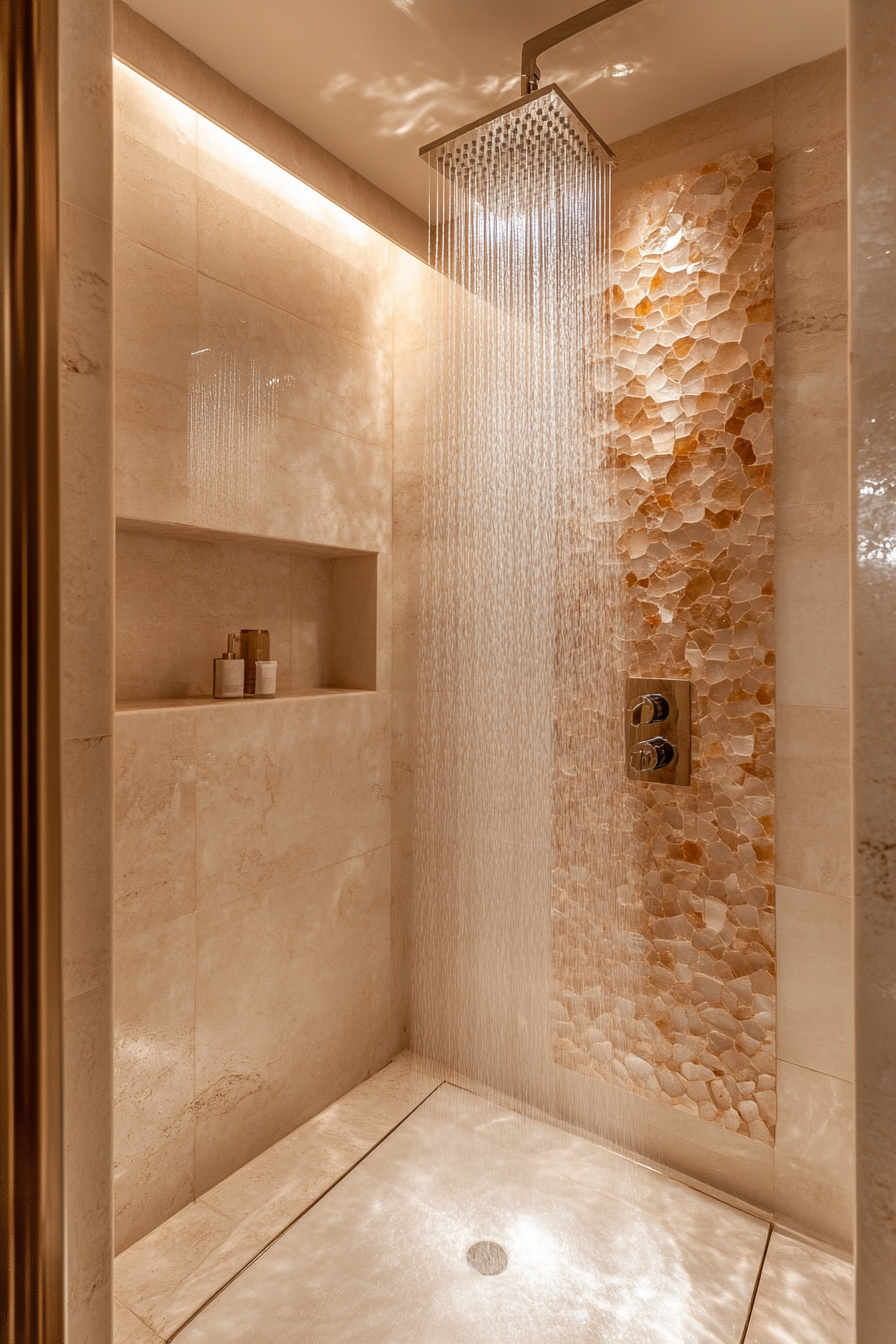 Small luxurious bathroom. Wall-to-wall Himālayan salt tiles with open raindrop showerhead.