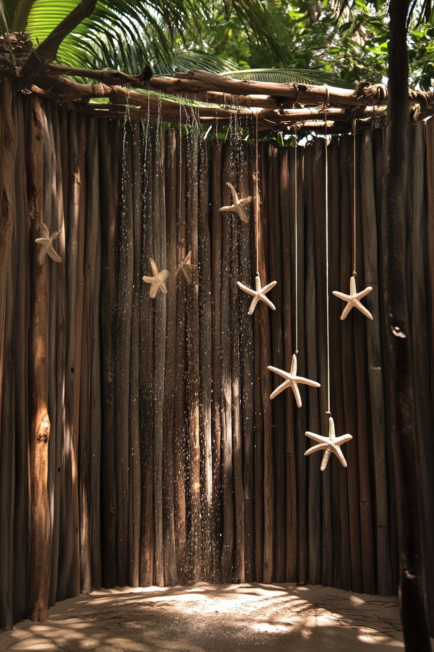 Outdoor shower setup. Driftwood-crafted divider with hanging starfish decor.