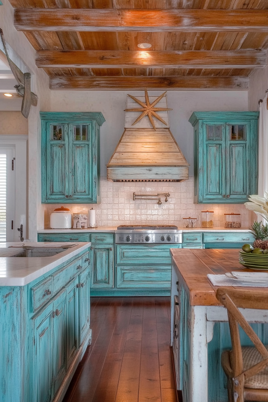 Coastal-themed kitchen. Vintage aqua cabinetry with nautical whitewashed wooden furniture.