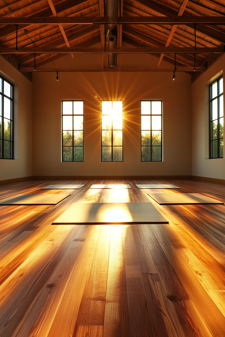 Upscale yoga studio interior. Wooden floors with dimmed, soft lighting.