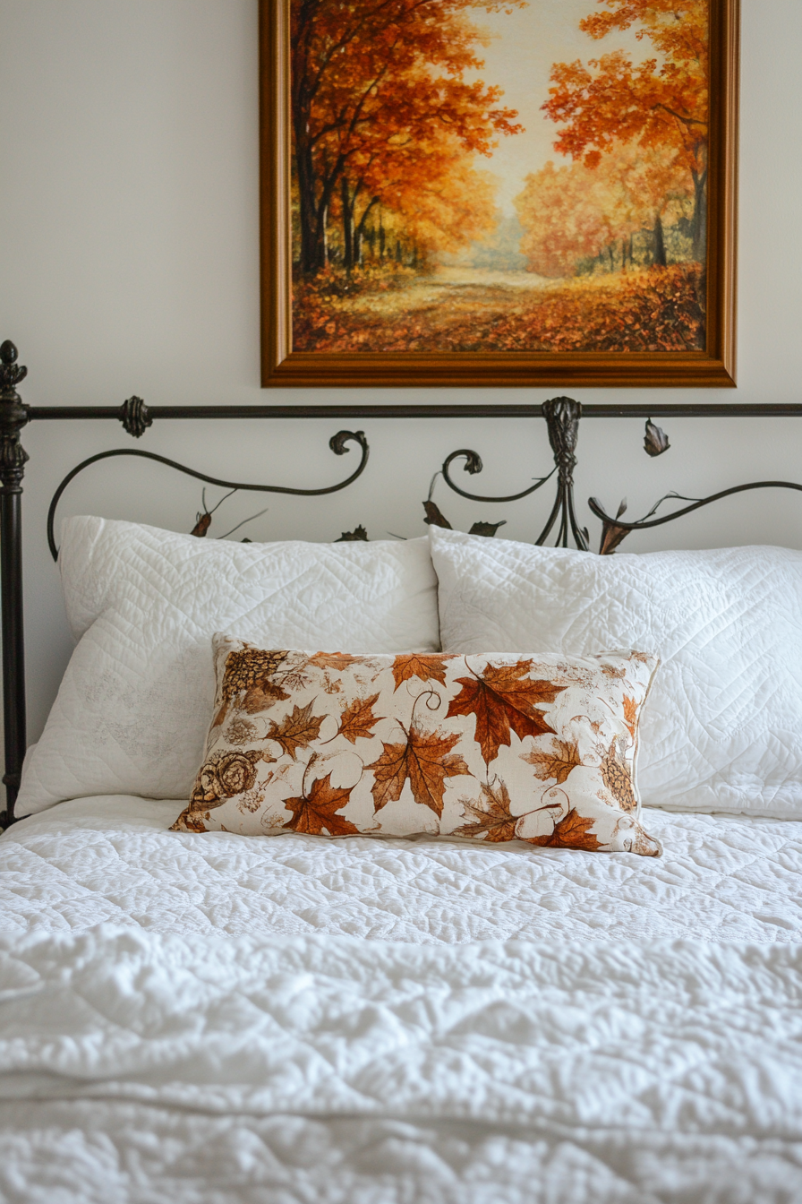 Fall bedroom. White quilted bedding and picturesque autumn leaf paintings.