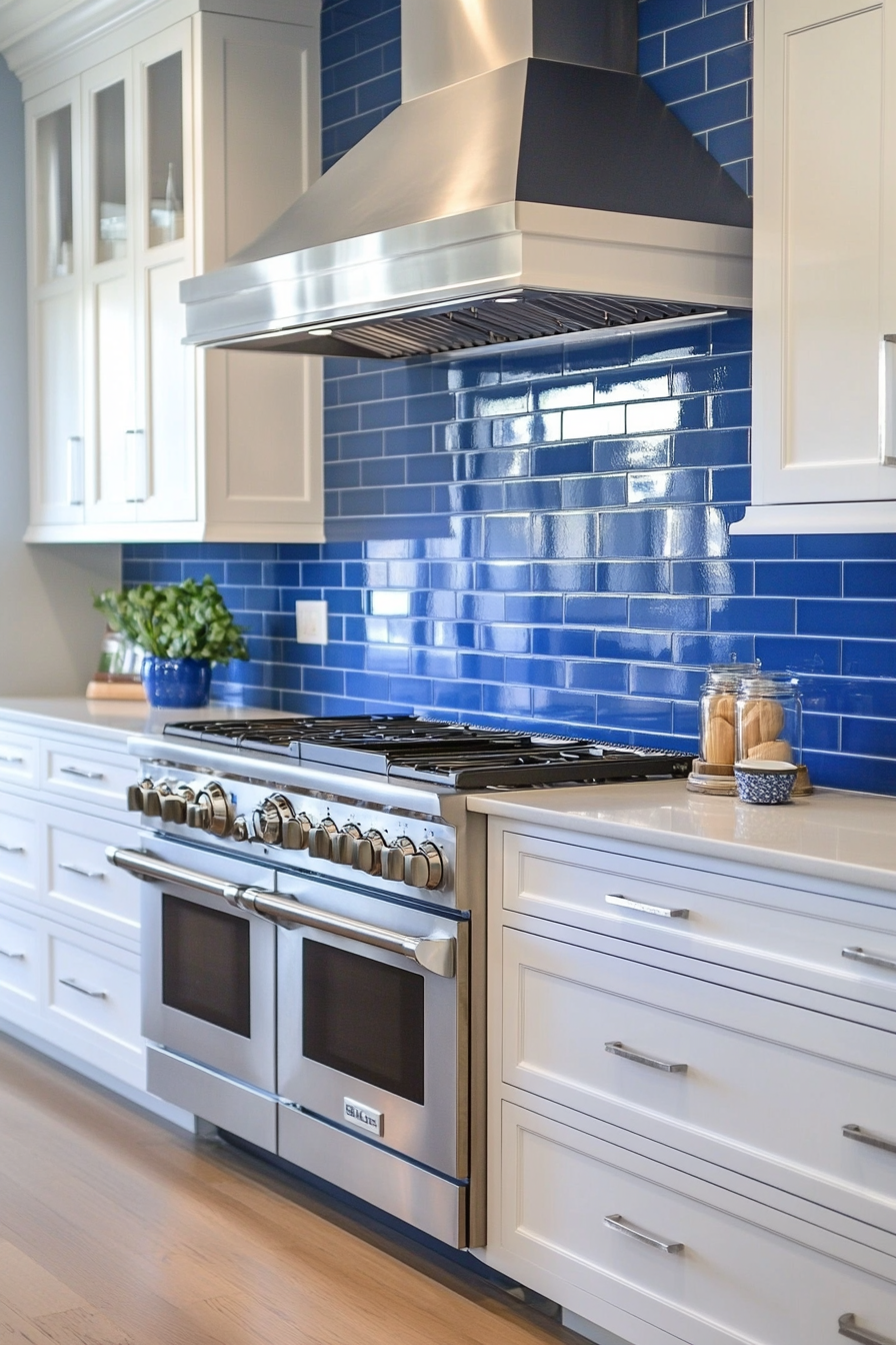 Modern coastal kitchen. Cobalt blue subway tile backsplash against crisp, white cabinets.