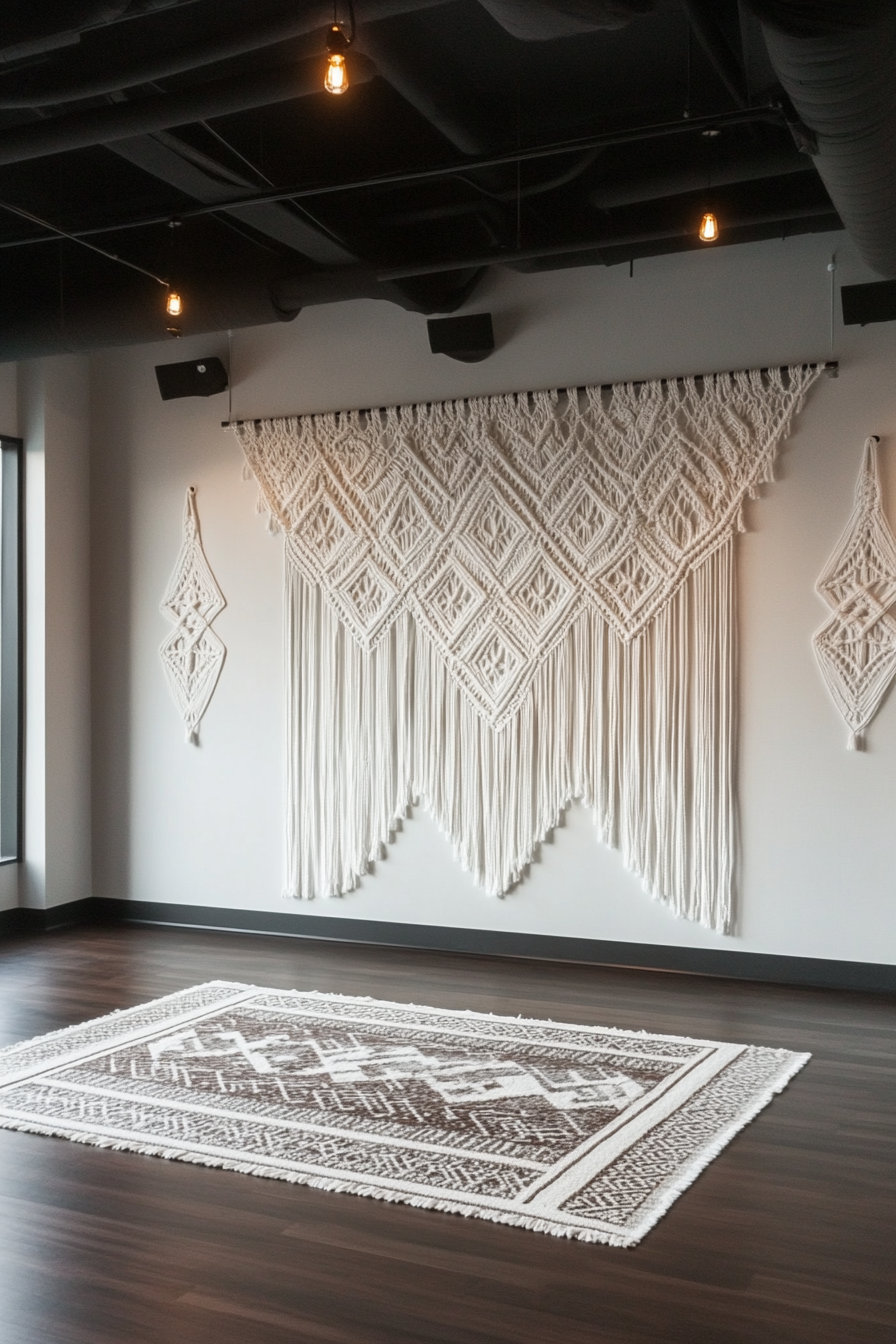 Upscale yoga studio interior. Dark wooden floors with white macrame wall decor.