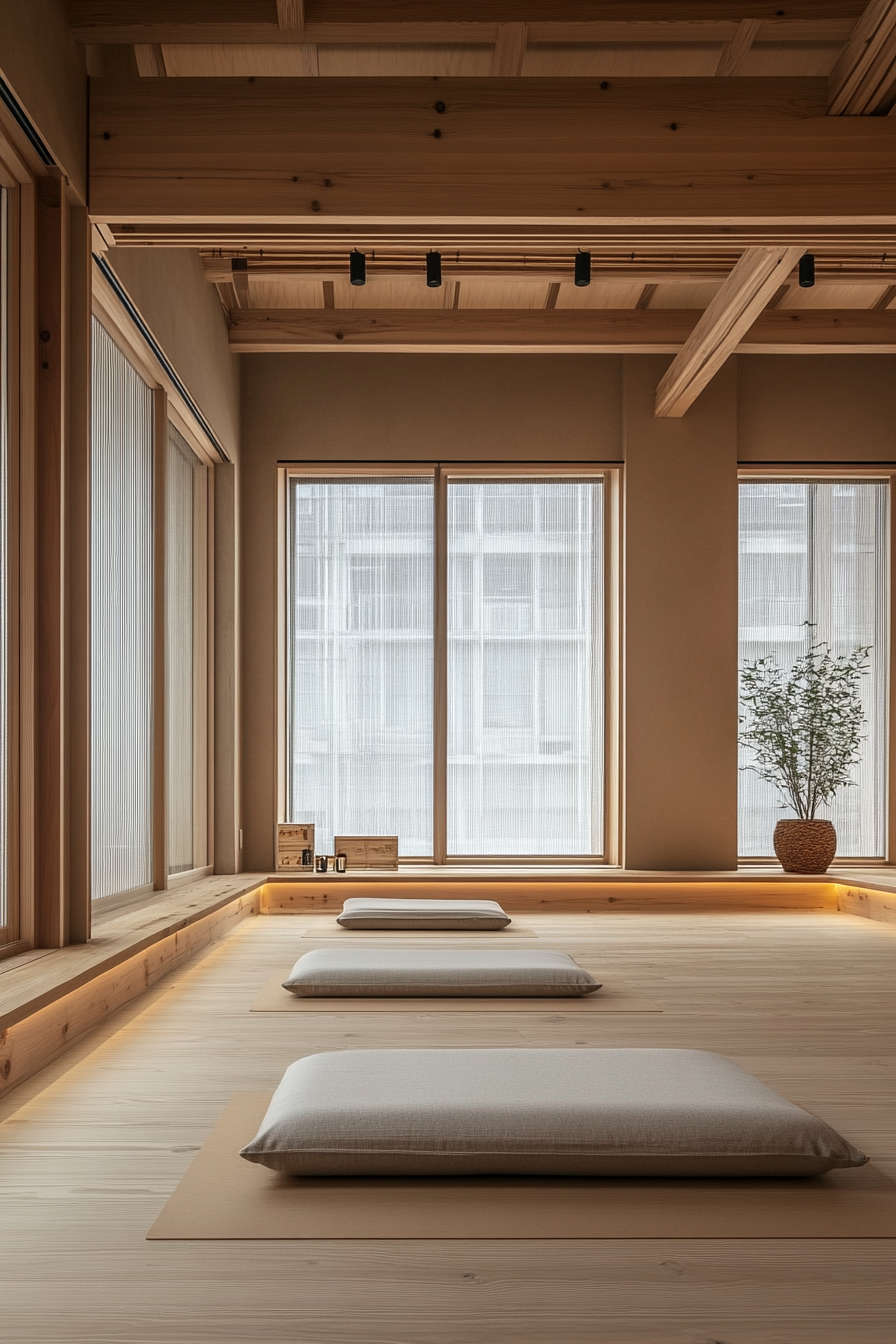 Japandi yoga studio. A minimal natural wood loft area with floor-to-ceiling window.