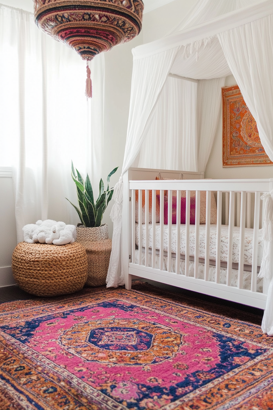 Whimsical Bohemian nursery. Wall-to-wall Moroccan inspired, jewel-toned rug and white canopy crib.