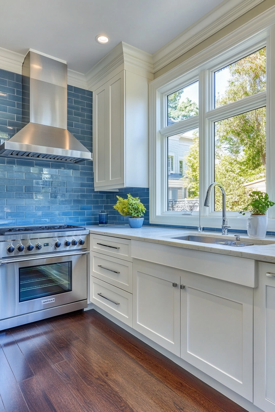 Modern kitchen. Blue subway tile backsplash with white cabinets.