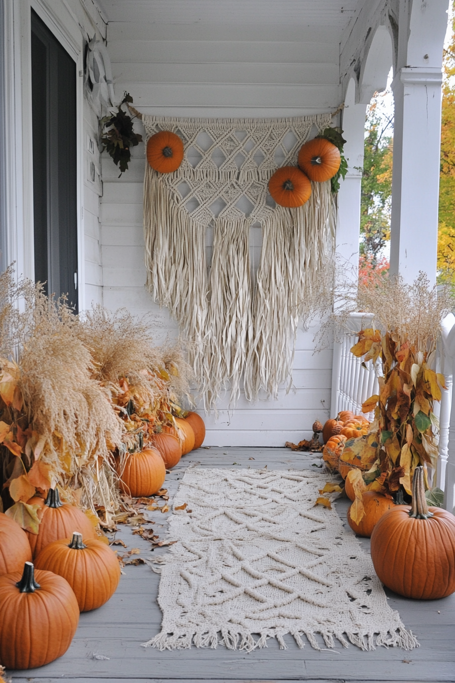 Fall porch. Corn husks, pumpkins and macrame wall hanging.