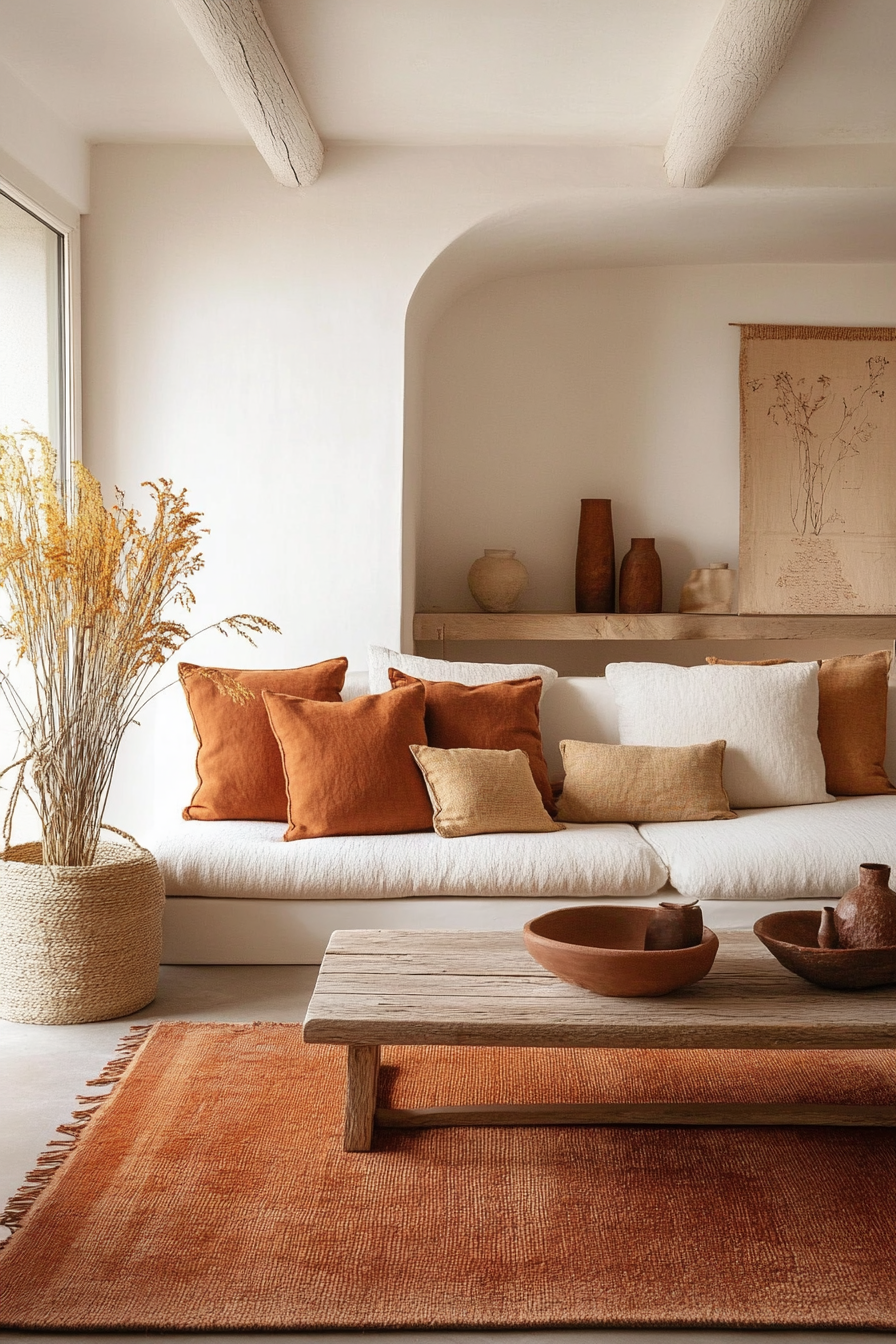 Japandi fall living room. Rust-colored rug with low-wooden coffee table.