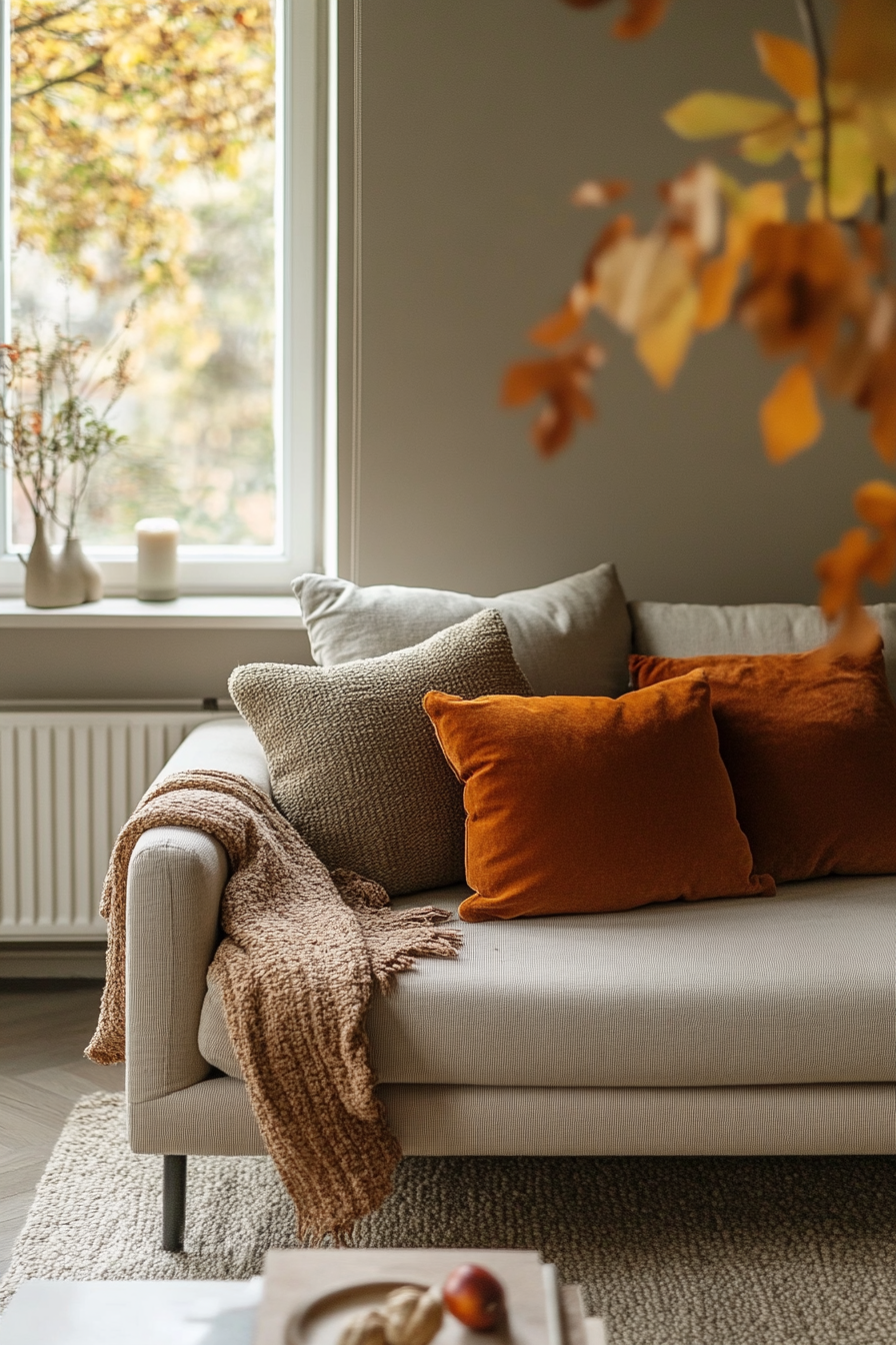 Fall living room. Warm-colored Japandi minimalistic sofa with indoor oak leaves.