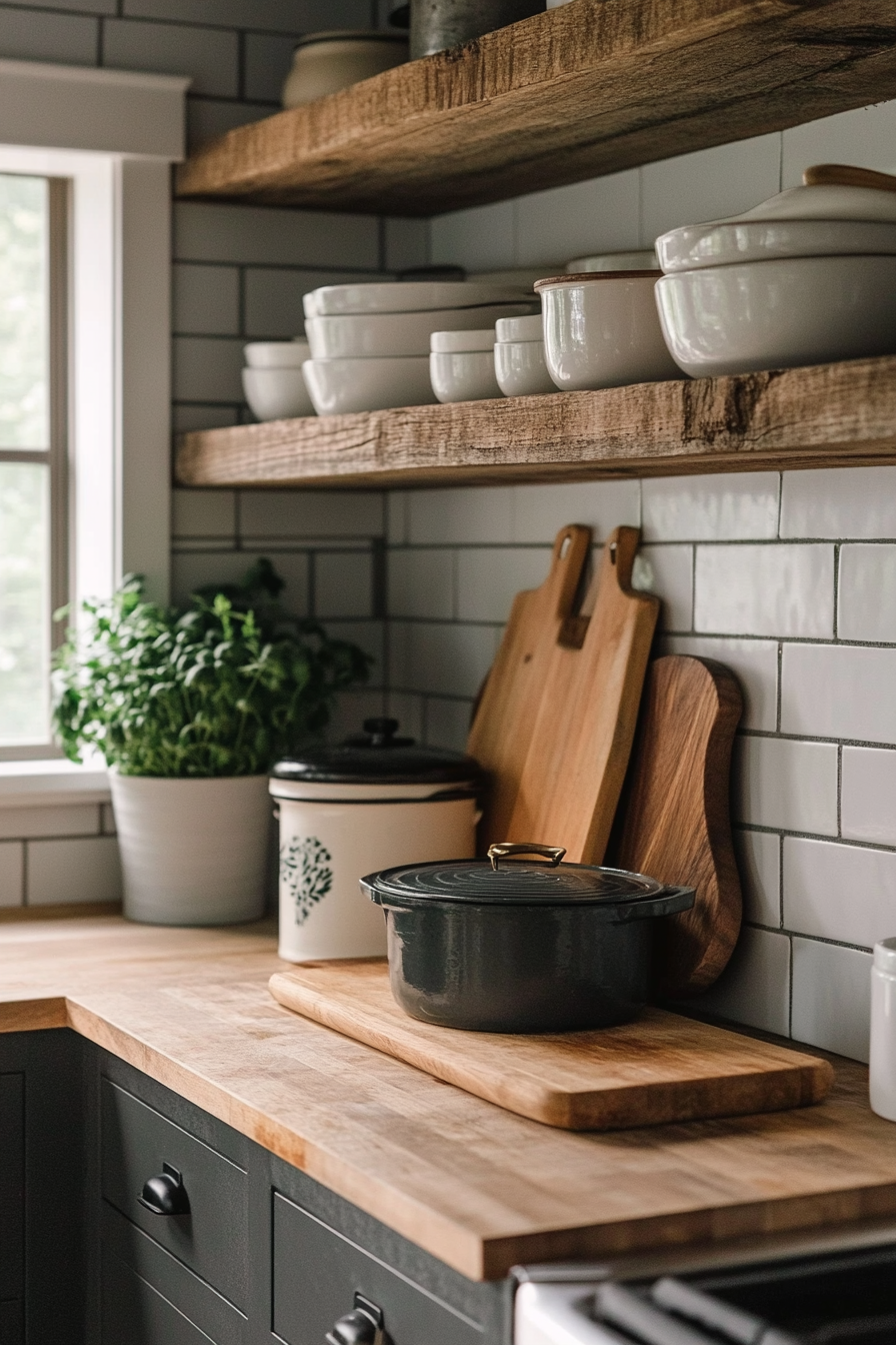 Farmhouse kitchen. Wood cutting board next to enamel pots on hawk-built shelves.