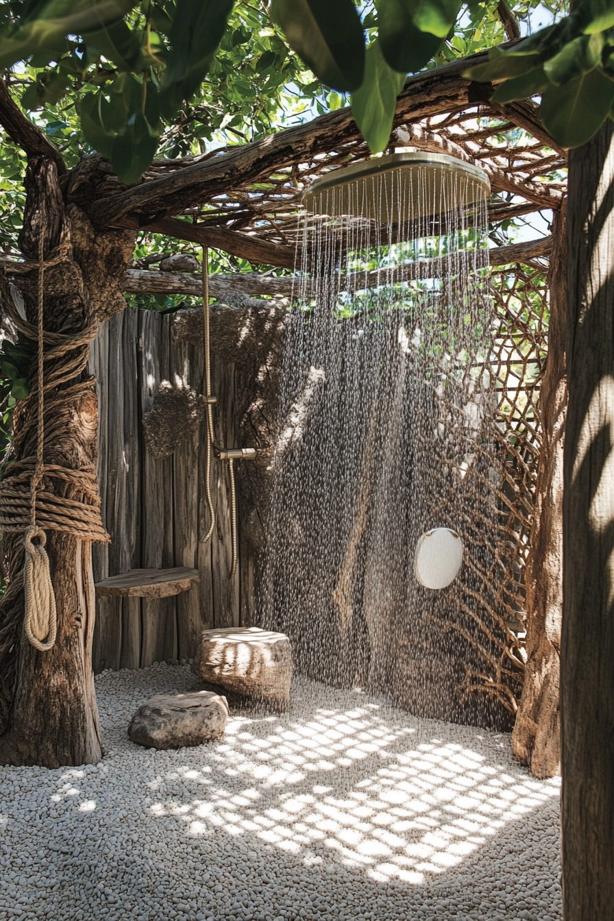 Outdoor shower setup. Marine rope, weathered driftwood, open latticework.